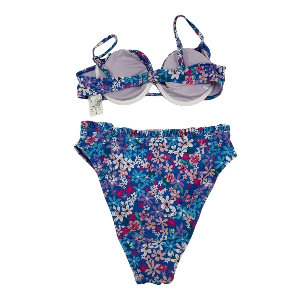 Cupshe Two Piece Floral Ruffle Underwire Bikini in Blue Floral Medium NWT
